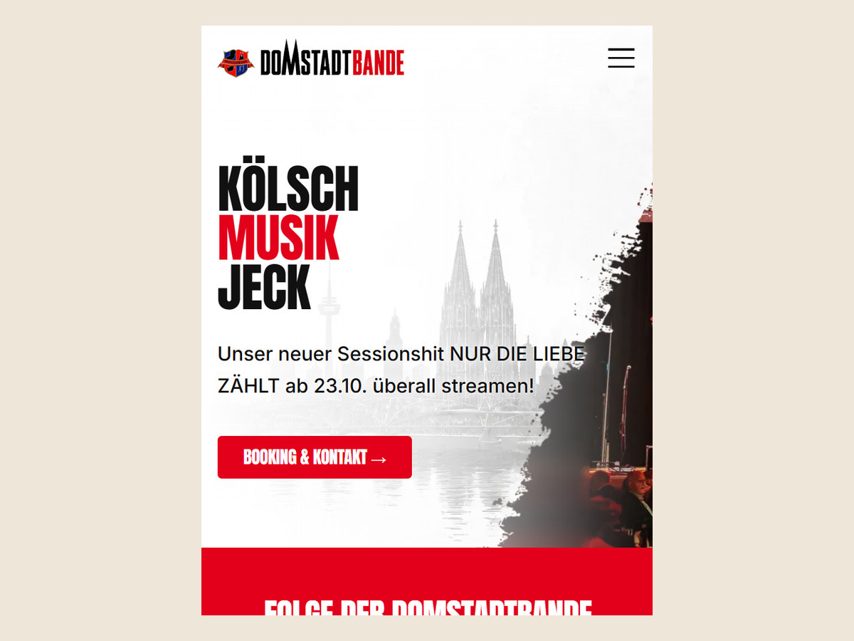 DOMSTADTBANDE auf dem Handy: Köln-Hero mit klarem Booking-Weg.