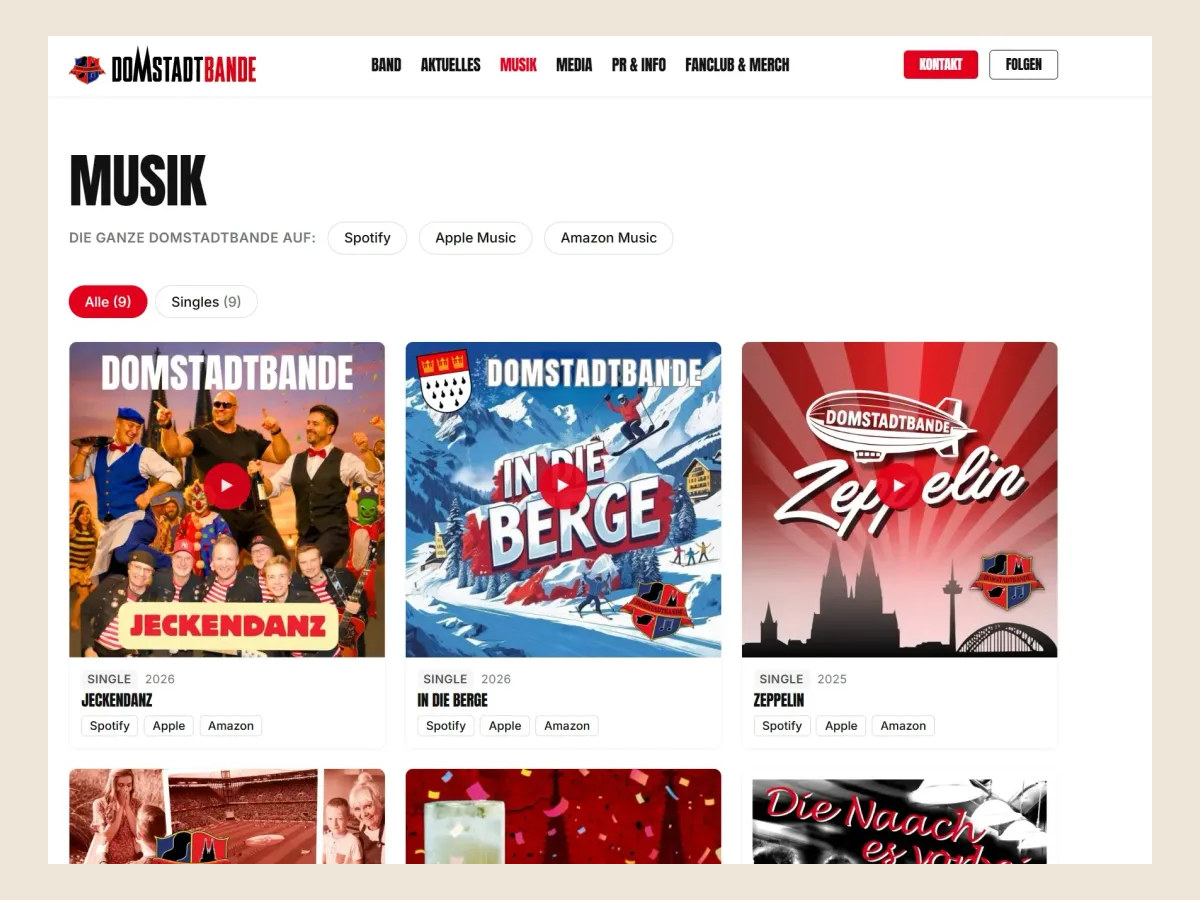 Musik-Bereich der DOMSTADTBANDE: Single-Kacheln mit Vorhören und Streaming-Links.