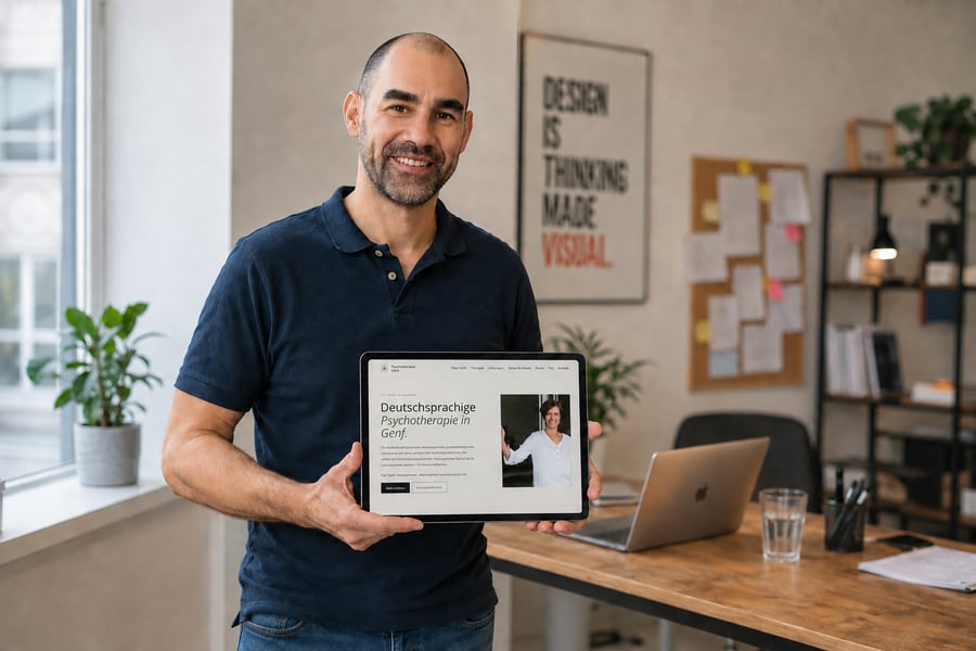 Marco zeigt die fertige Website auf einem Tablet.
