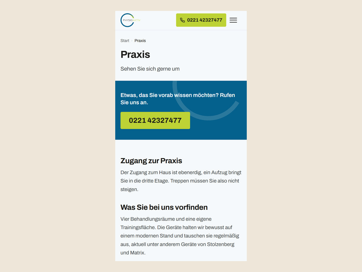 PHYSIOAKTIV auf dem Handy: der Telefon-Knopf steht direkt neben dem Menü.